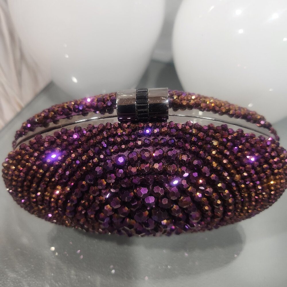 💥GLAM & SEXY!💥VINTAGE Caché Luxurious Sparkly Aubergine Purple Crystal Clutch - Picture 15 of 15
